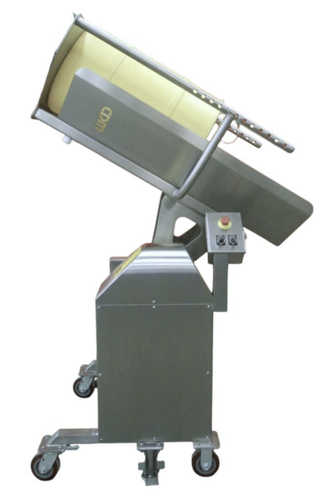 CDM drum tipper with chute for guided powder dispensing
