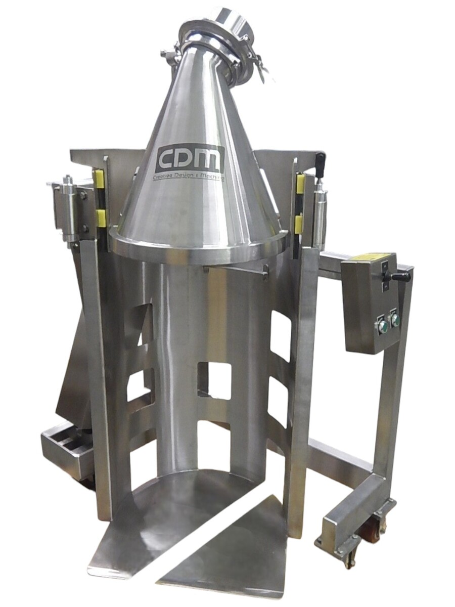CDM drum tipper with cone and discharge valve for contained powder transfer