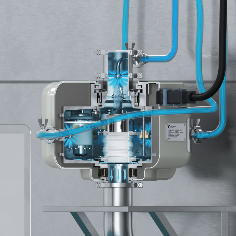 Cutaway of the ChargePoint Actis cleaning stage showing integrated CIP/SIP spray coverage inside the sealed chamber