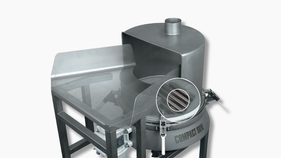 Russell Compact 3in1 Sieve showing bag-tip platform, dust hood, Compact Sieve and magnetic trap