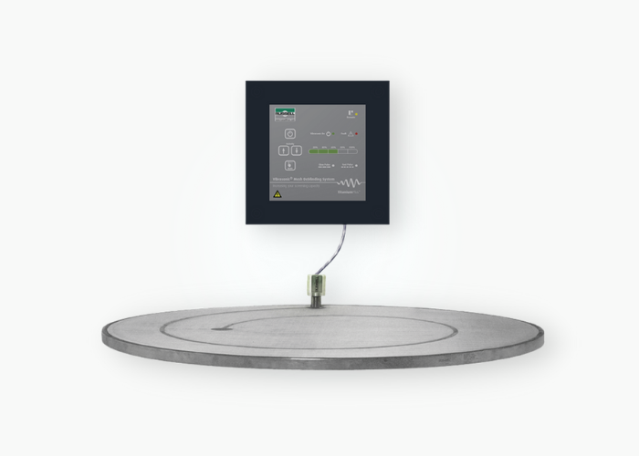Russell Vibrasonic 2000 ultrasonic deblinding system: mesh screen with centre-mounted probe and control unit